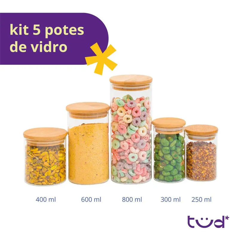 5 potes-Vidro Bambu